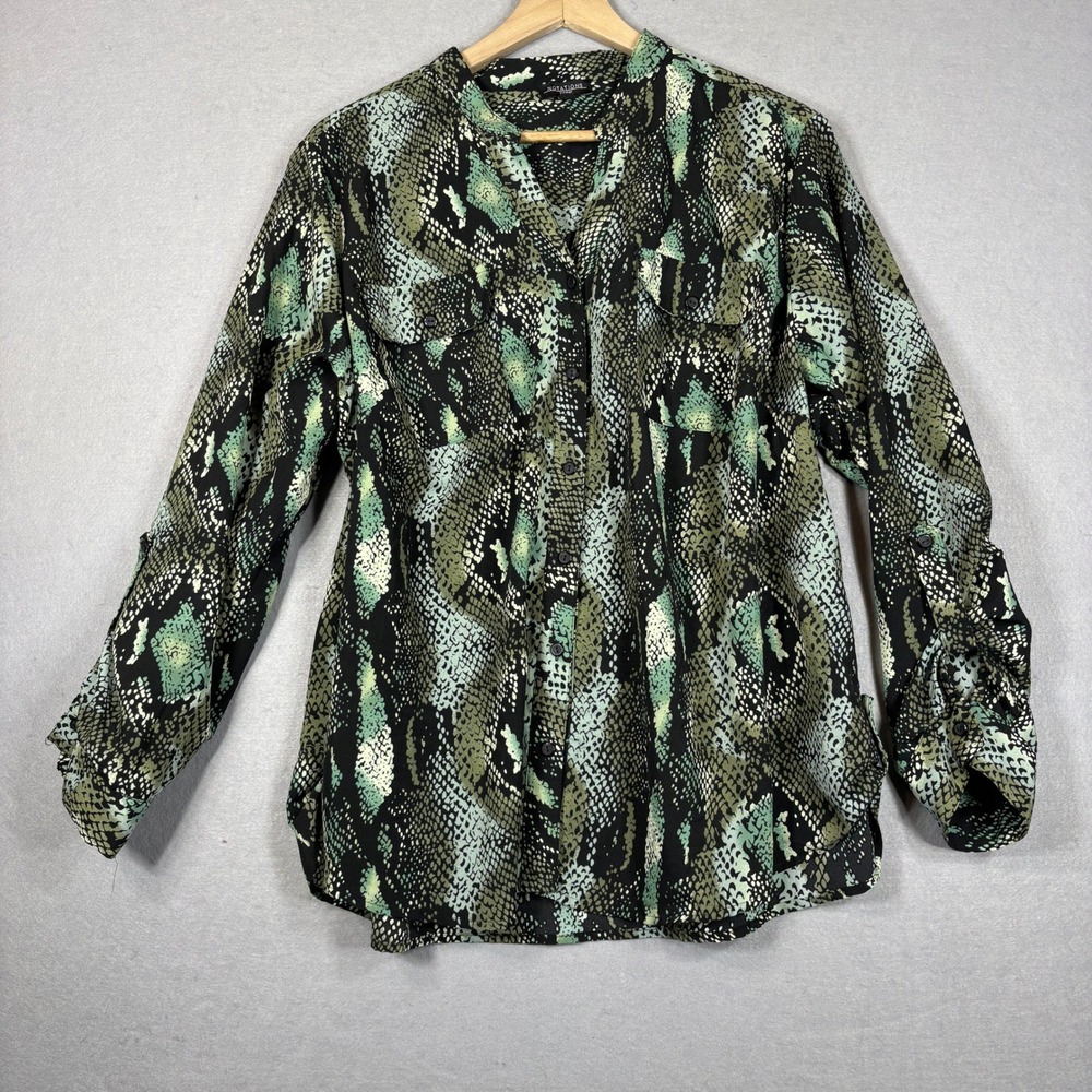 Notations Button Shirt Blouse Plus‎ Size 3X Snakeskin Print Roll Tab Sleeve Top
